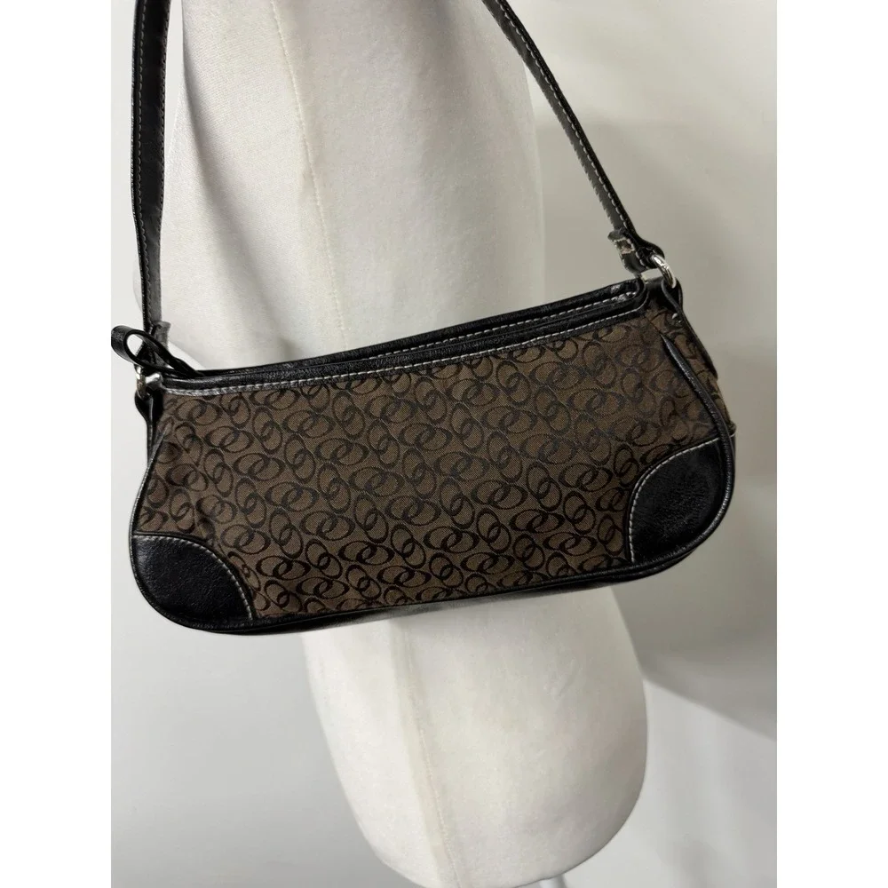 Vtg Y2K Small Baguette Shoulder Bag Brown Canvas Jacquard Black Leather Trim
